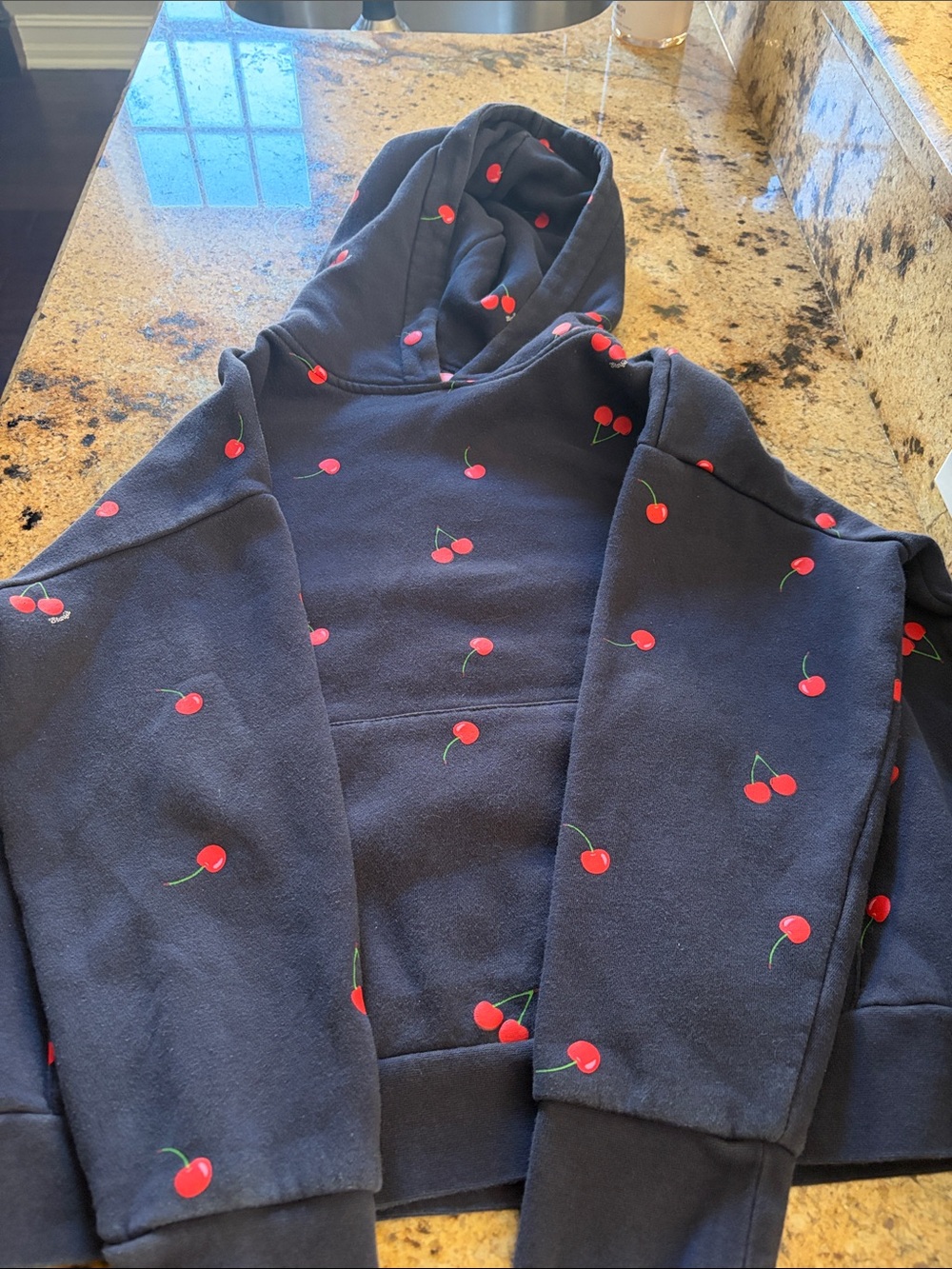 Women's Navy Cherry Print Puffer Hoodie